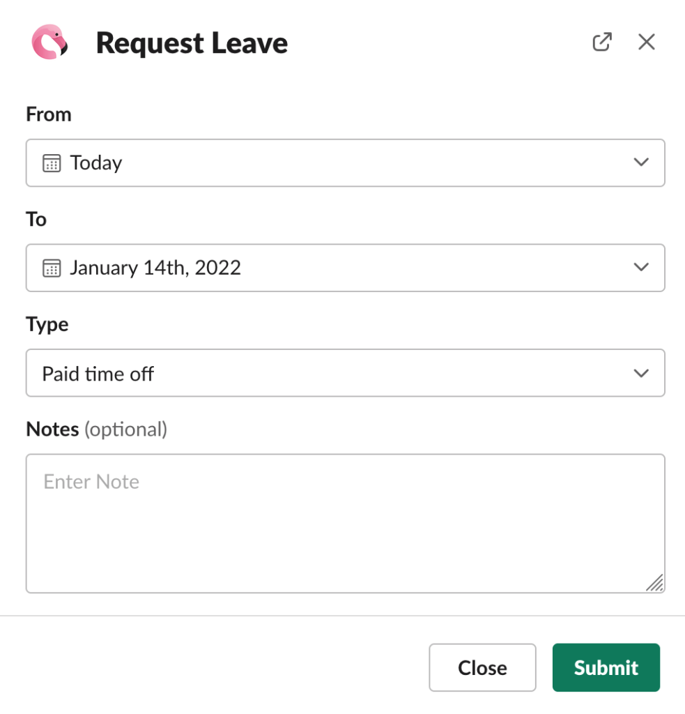 Leave request form for Flamingo's vacation calendar software